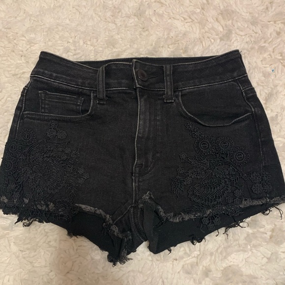 AE High Waisted Denim Short Short Black Lace - Picture 6 of 9